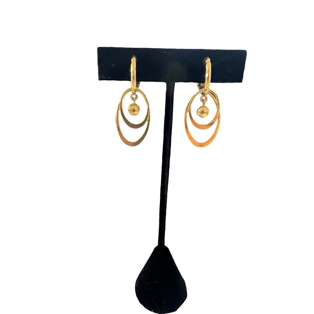 Vintage Monet Gold Tone Clip On Dangle Oval Layered Earrings